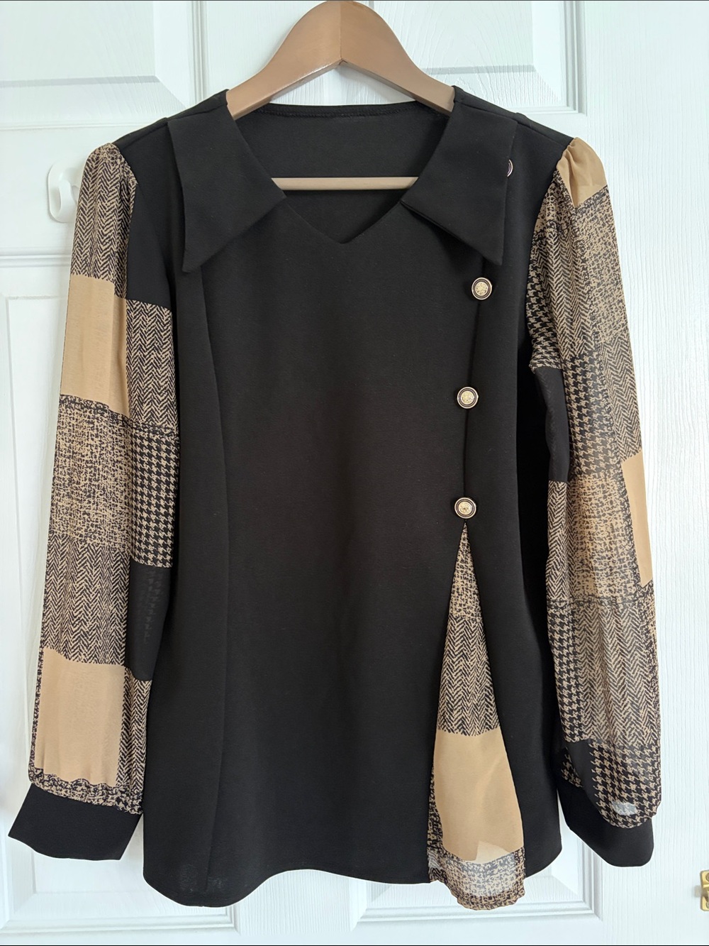 Black Top with Beige Patchwork Sleeves